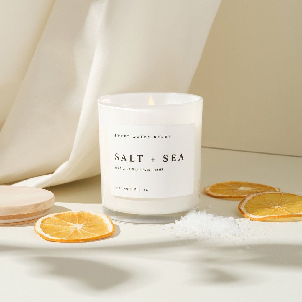 Salt and Sea Soy Candle - White Jar - 11 oz - Sweet Water Decor - Candles
