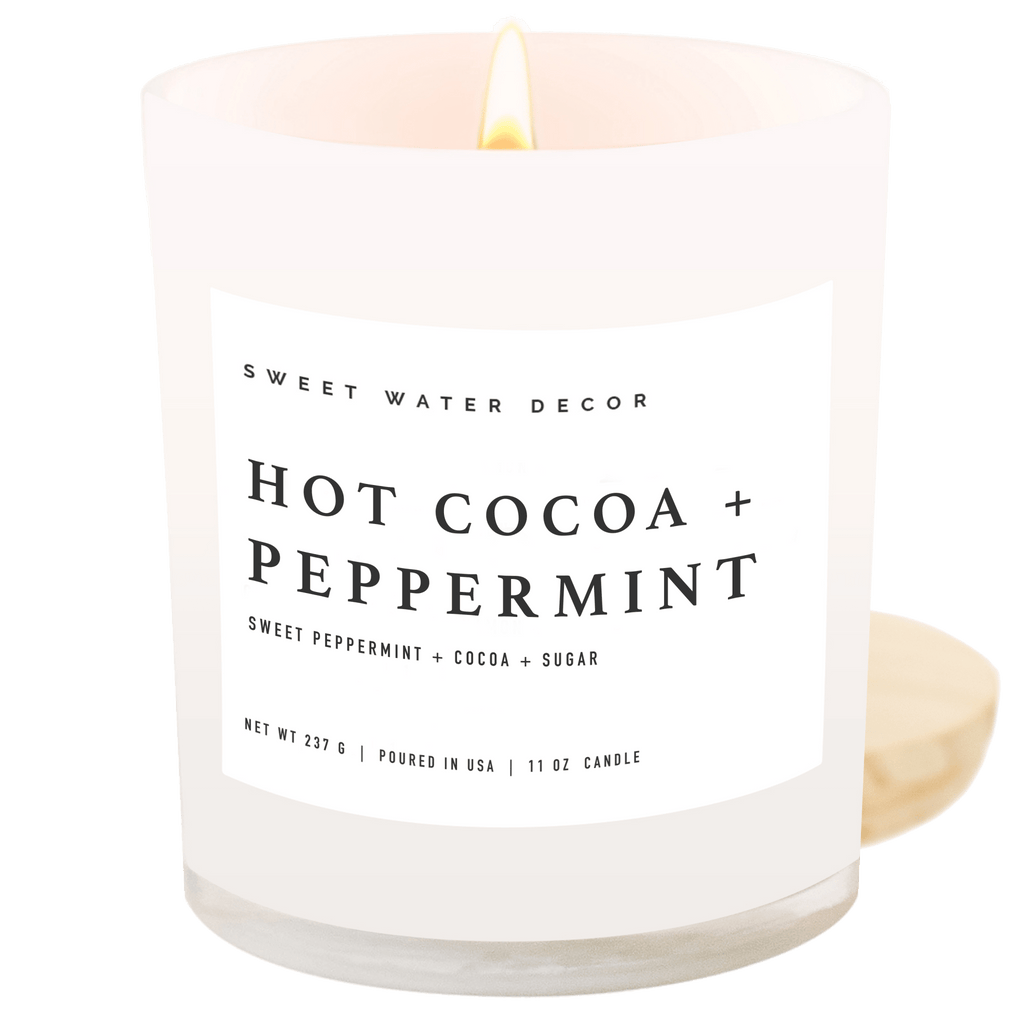 Hot Cocoa and Peppermint Soy Candle - White Jar - 11 oz - Sweet Water Decor - Candles