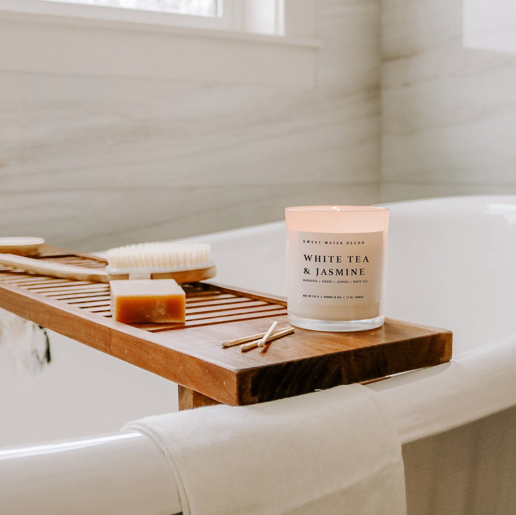 White Tea and Jasmine Soy Candle - White Jar - 11 oz - Sweet Water Decor - Candles
