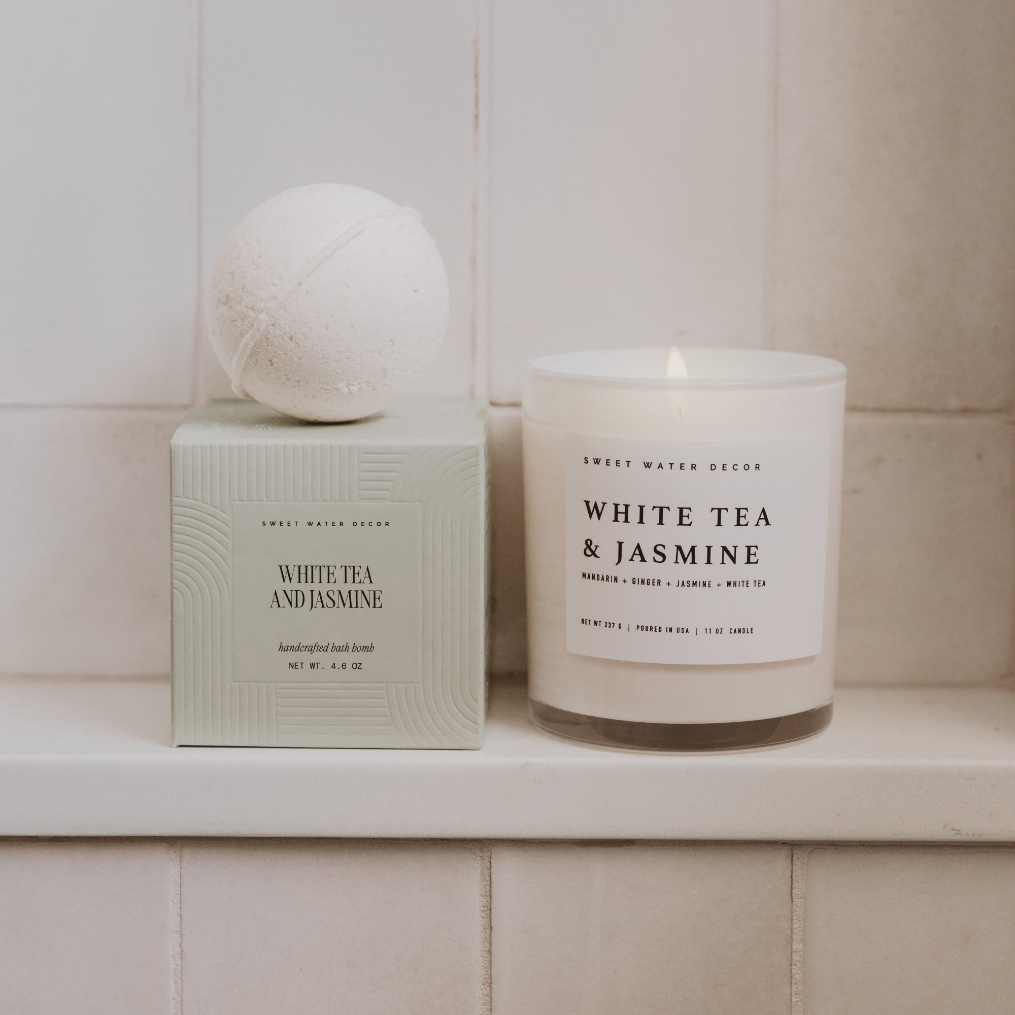 White Tea and Jasmine Soy Candle - White Jar - 11 oz - Sweet Water Decor - Candles
