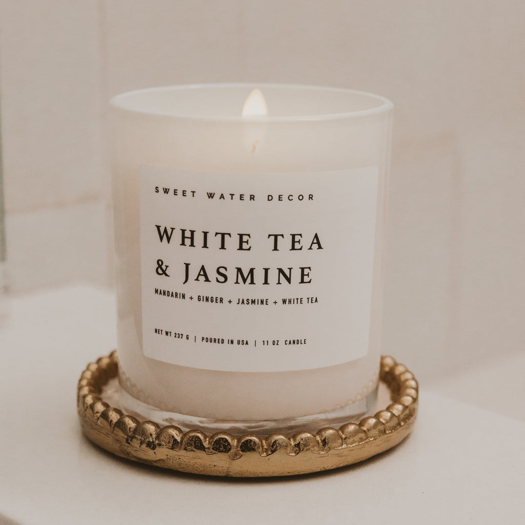 White Tea and Jasmine Soy Candle - White Jar - 11 oz - Sweet Water Decor - Candles
