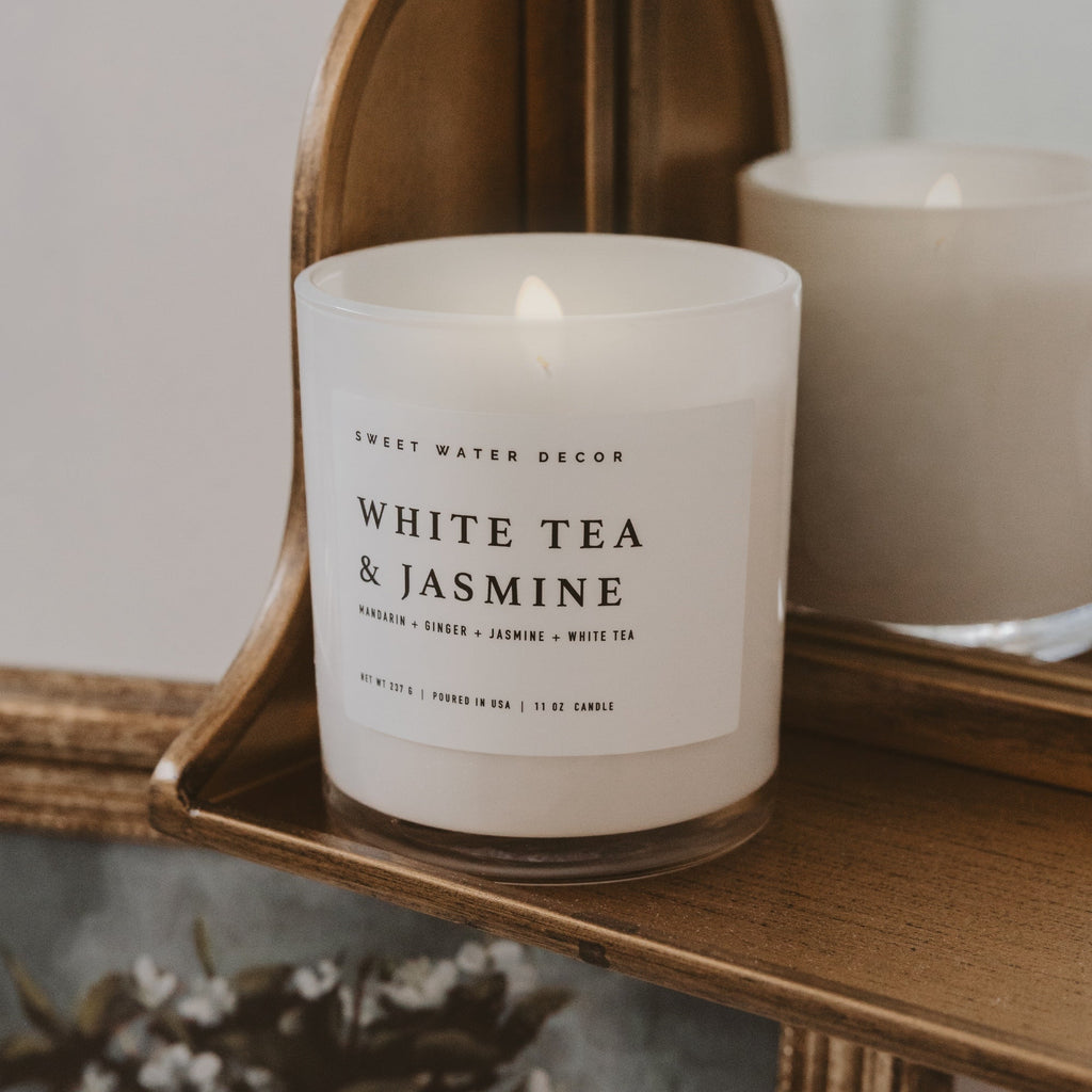 White Tea and Jasmine Soy Candle - White Jar - 11 oz - Sweet Water Decor - Candles