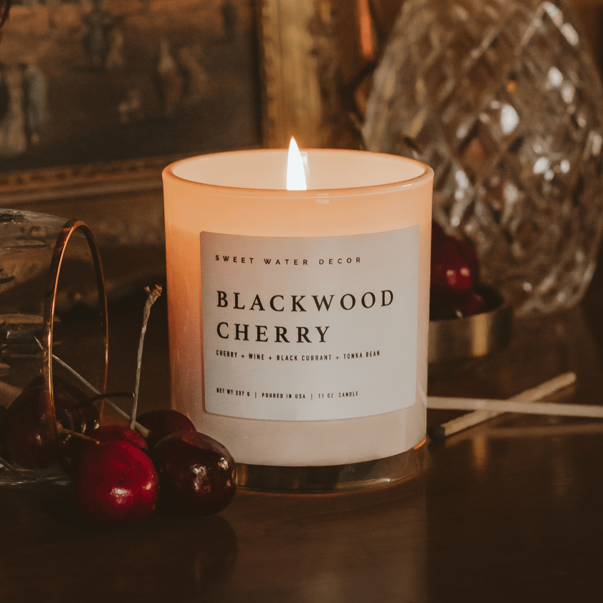 Blackwood Cherry Soy Candle - White Jar - 11 oz - Sweet Water Decor - Candles
