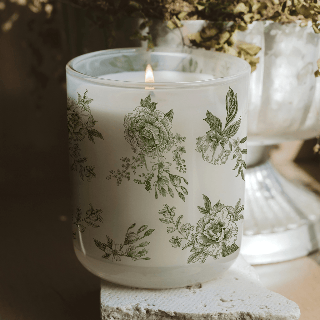 Green Delft Soy Candle - White Translucent Tinted Glass Jar - 12 oz (Lavender and Sage) - Sweet Water Decor - Candles