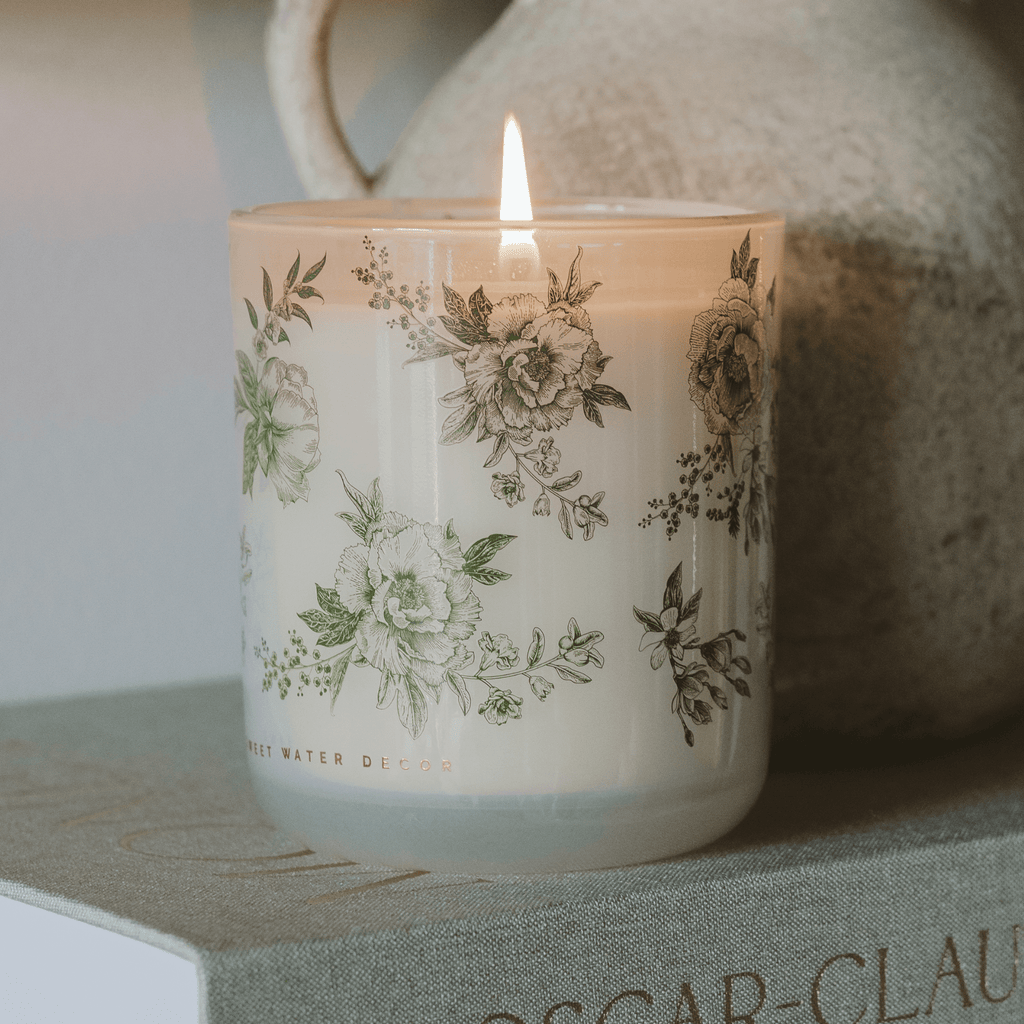 Green Delft Soy Candle - White Translucent Tinted Glass Jar - 12 oz (Lavender and Sage) - Sweet Water Decor - Candles