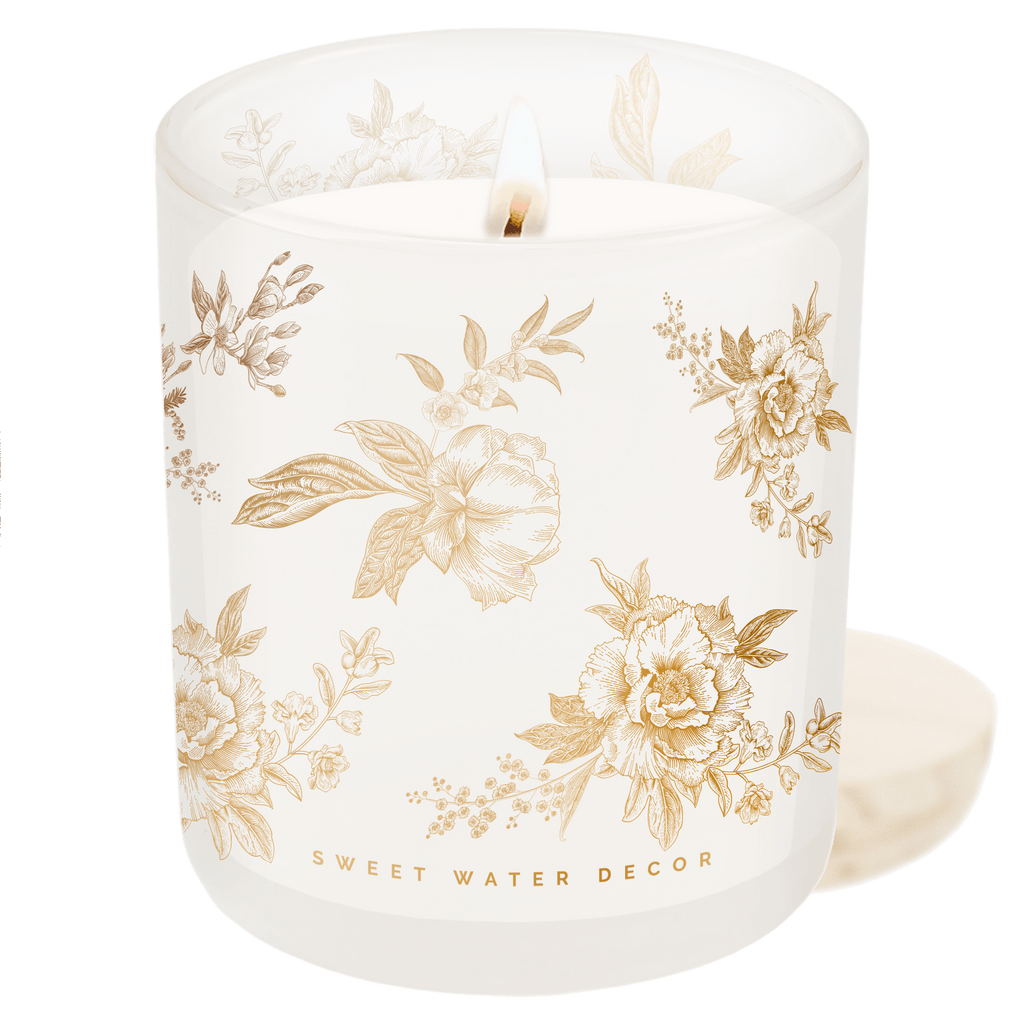 Gold Delft Soy Candle - White Translucent Tinted Glass Jar - 12 oz (Fresh Apple Blossom) - Sweet Water Decor - Candles