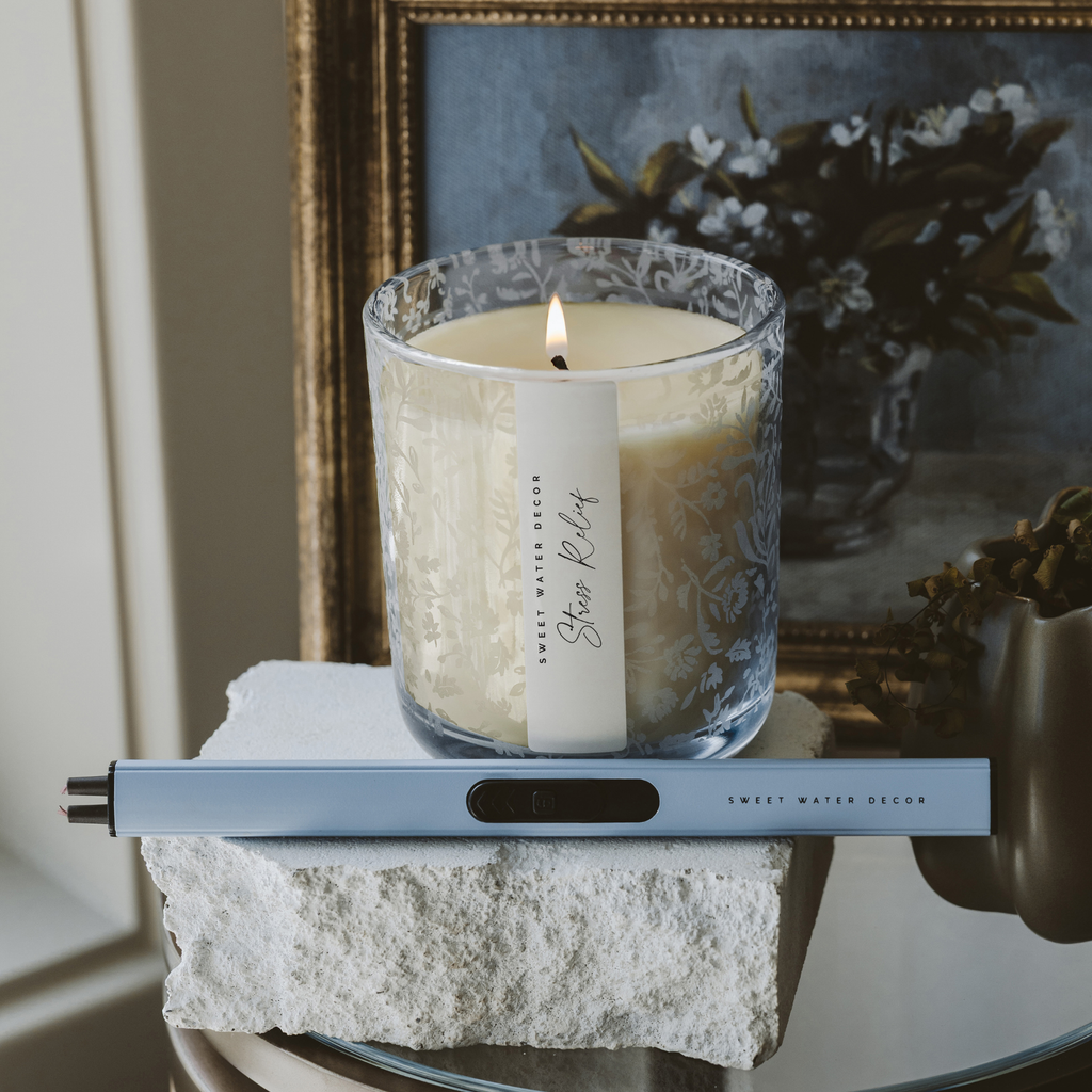 Stress Relief Soy Candle - Blue Tinted Glass Jar - 12 oz - Sweet Water Decor - Candles