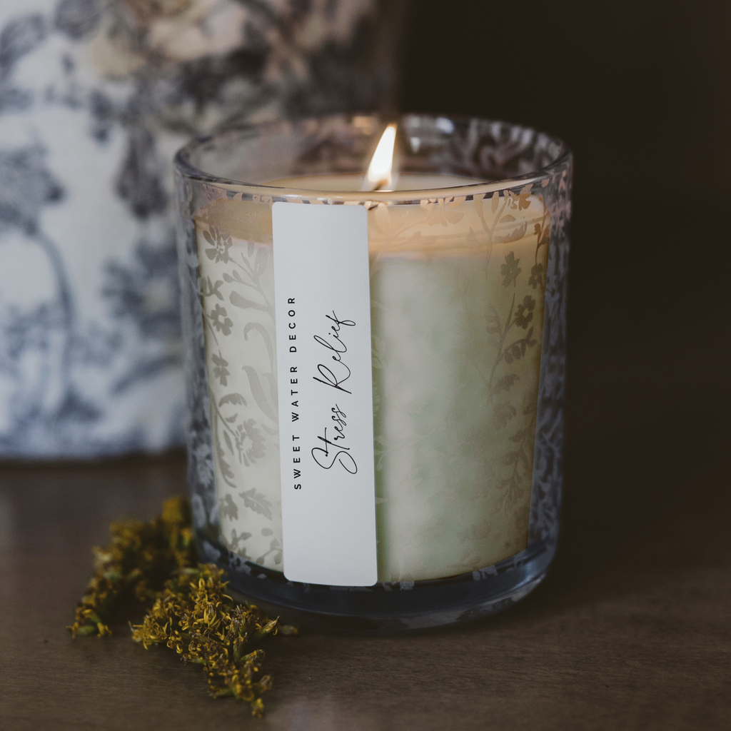 Stress Relief Soy Candle - Blue Tinted Glass Jar - 12 oz - Sweet Water Decor - Candles