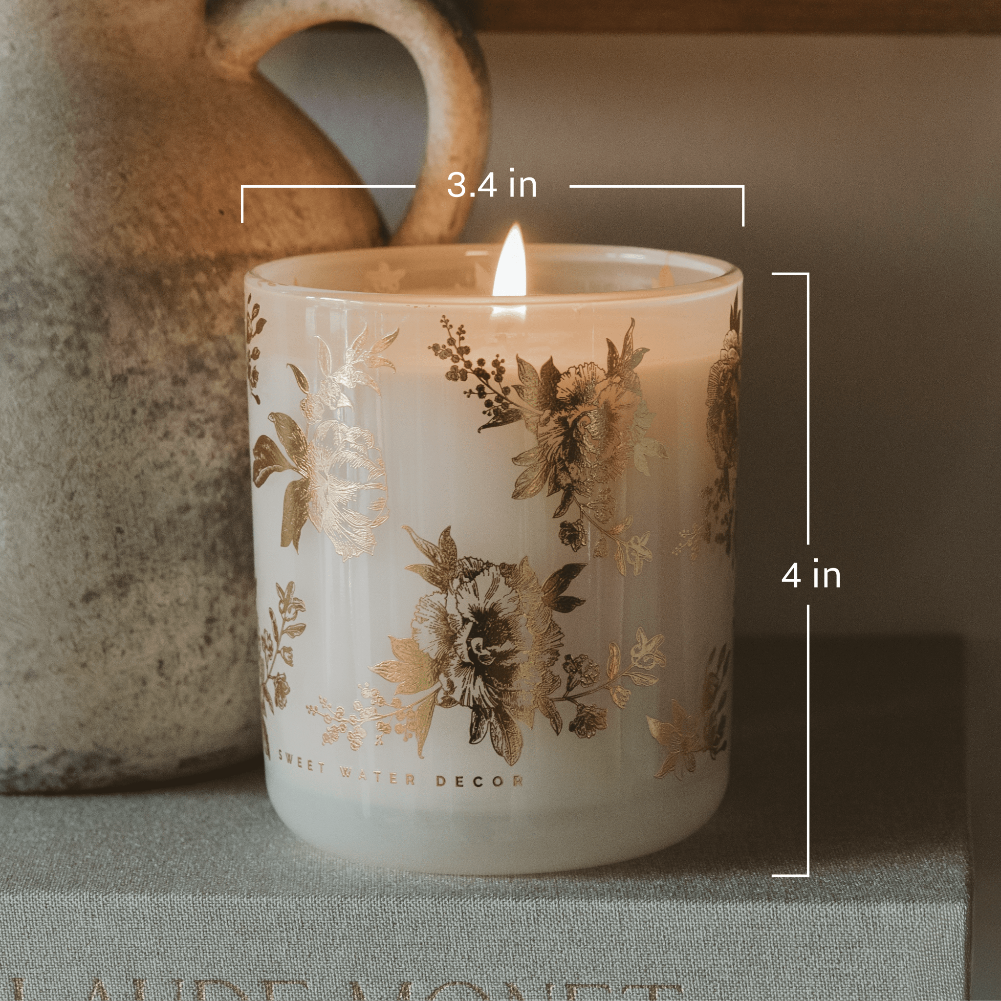 Gold Delft Soy Candle - White Translucent Tinted Glass Jar - 12 oz (Fresh Apple Blossom) - Sweet Water Decor - Candles