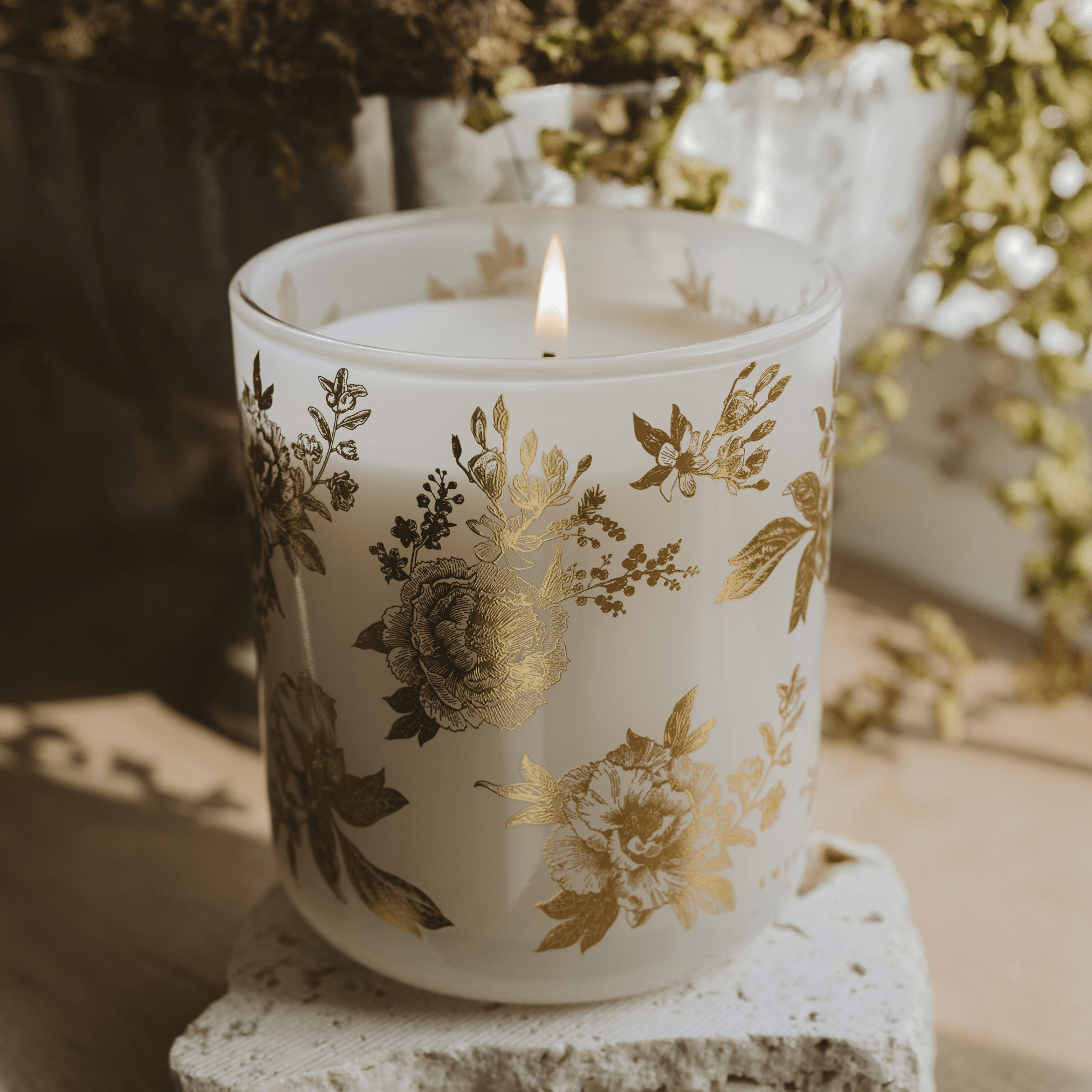 Gold Delft Soy Candle - White Translucent Tinted Glass Jar - 12 oz (Fresh Apple Blossom) - Sweet Water Decor - Candles