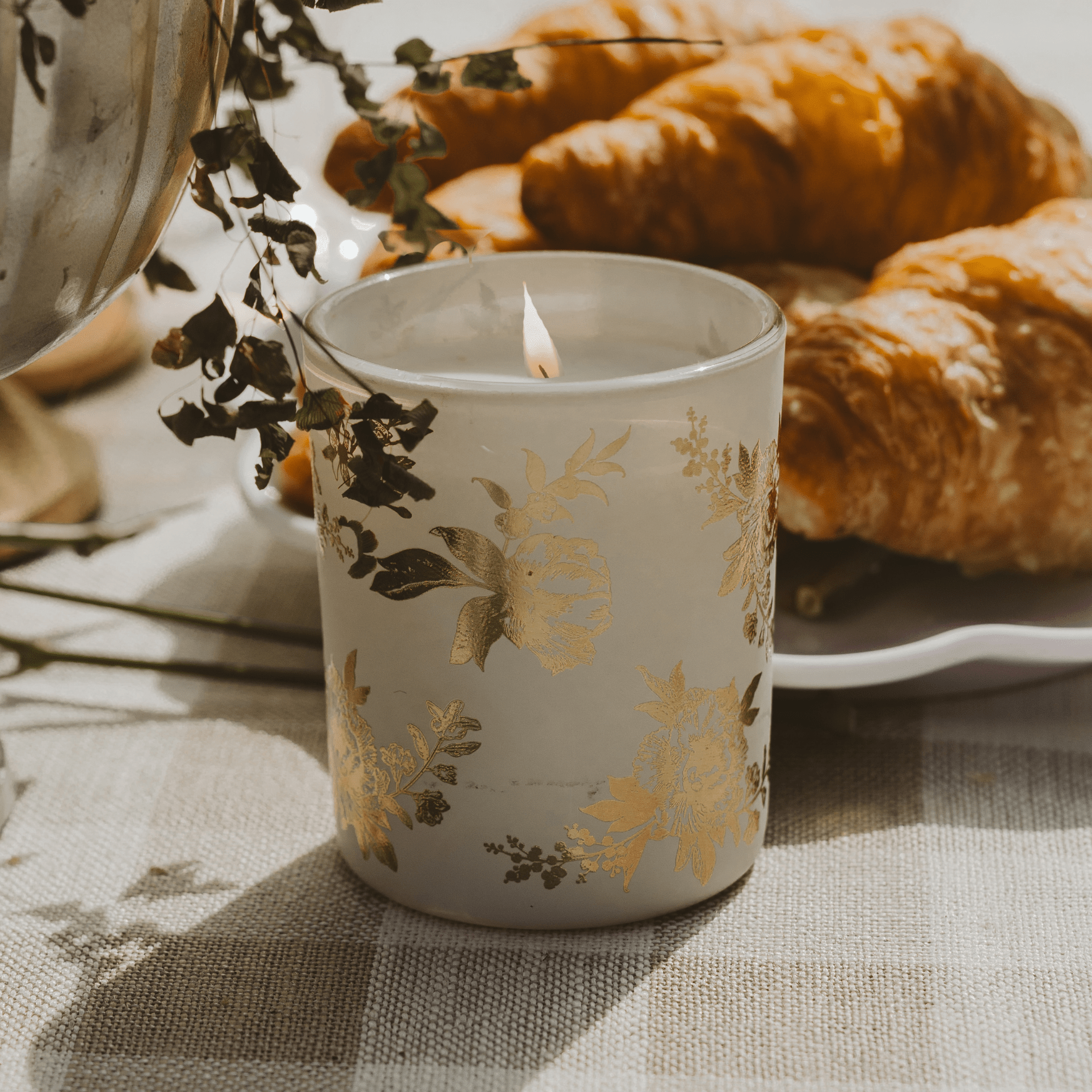 Gold Delft Soy Candle - White Translucent Tinted Glass Jar - 12 oz (Fresh Apple Blossom) - Sweet Water Decor - Candles