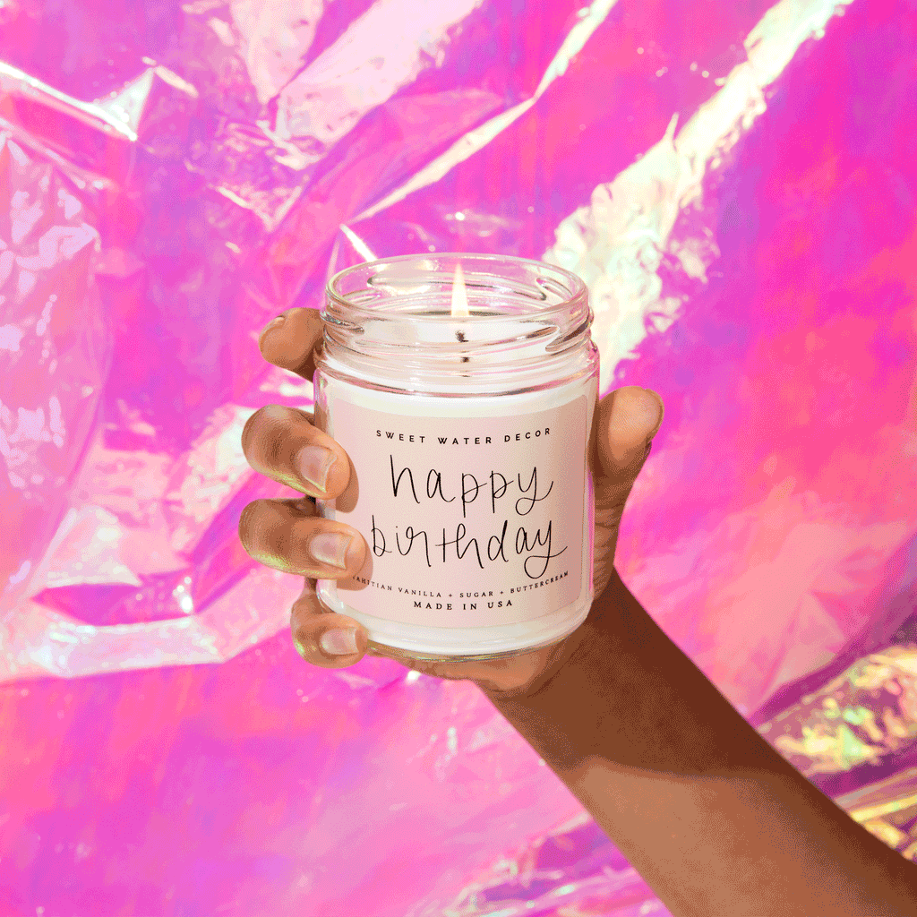 Happy Birthday Soy Candle - Clear Jar - 9 oz - Sweet Water Decor - Candles