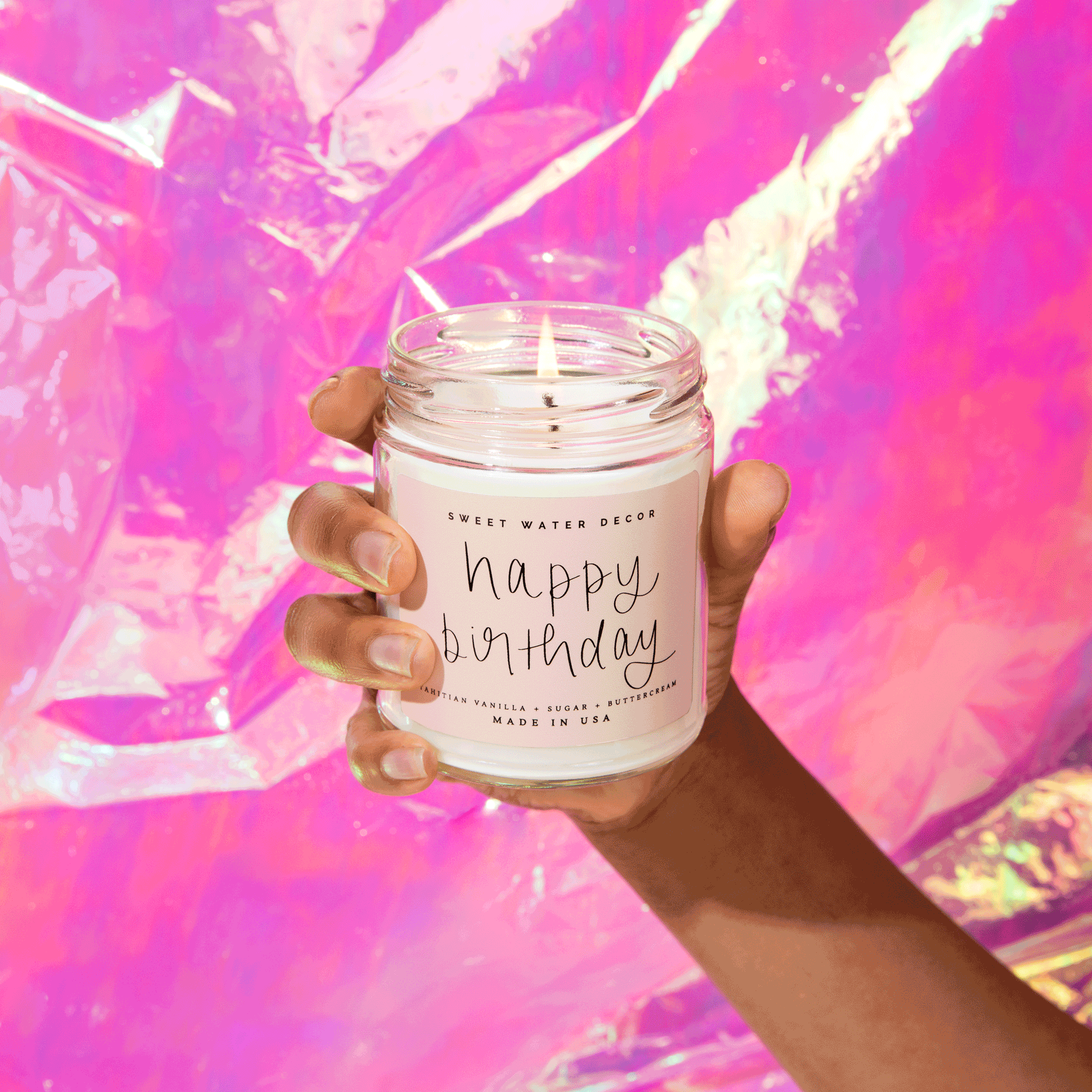 Happy Birthday Soy Candle - Clear Jar - 9 oz - Sweet Water Decor - Candles