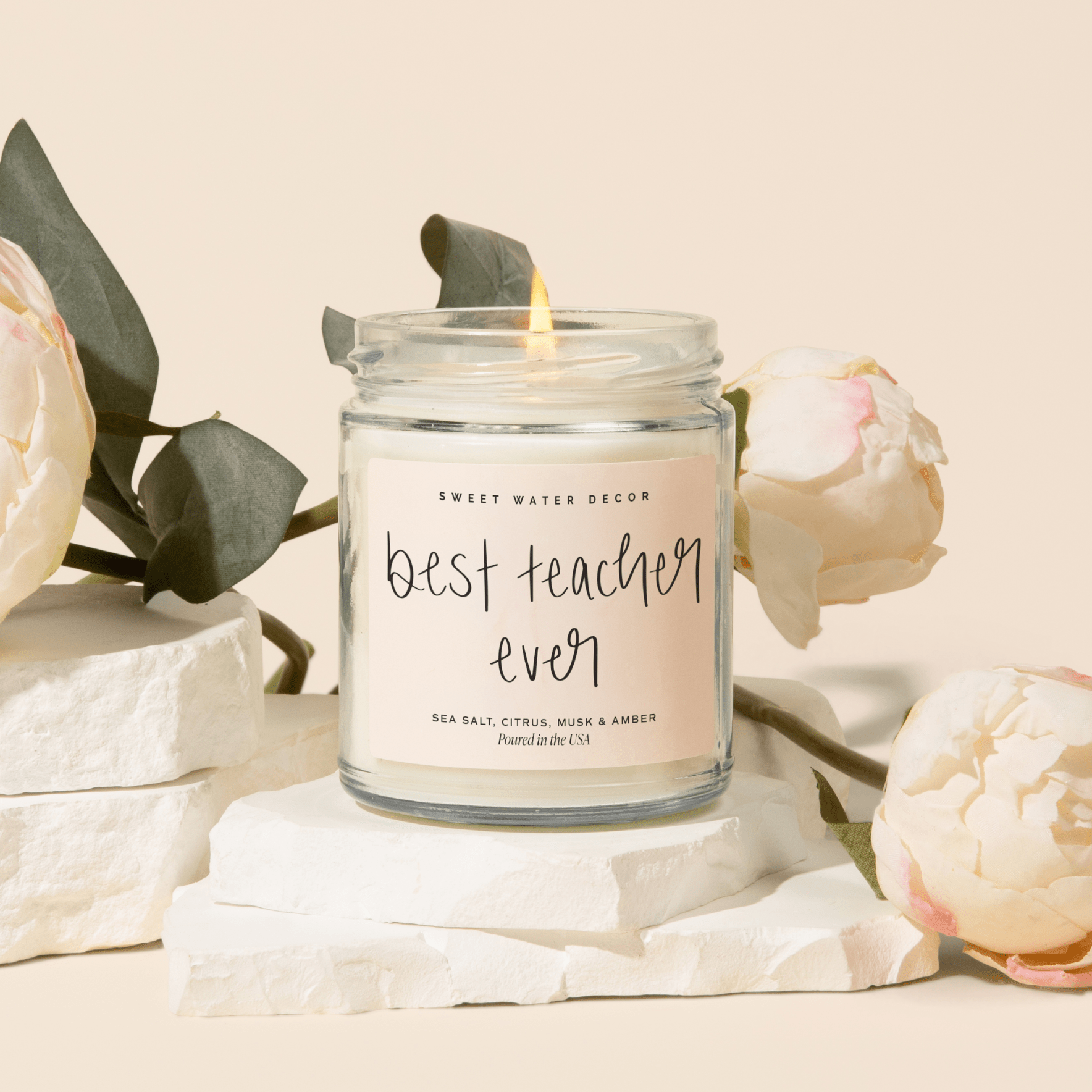 Best Teacher Ever Soy Candle - Clear Jar - 9 oz (Salt and Sea) - Sweet Water Decor - Candles