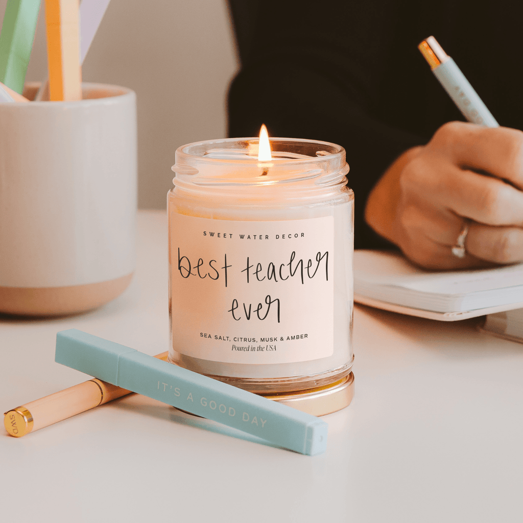 Best Teacher Ever Soy Candle - Clear Jar - 9 oz (Salt and Sea) - Sweet Water Decor - Candles
