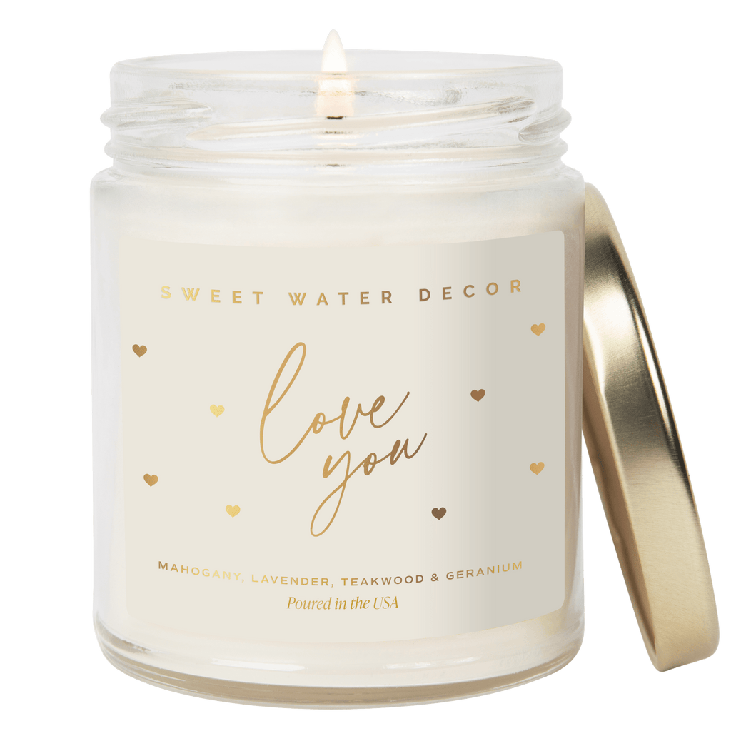 Love You Soy Candle Patterned - Clear Jar - 9 oz (Driftwood and Mahogany) - Sweet Water Decor - Candles