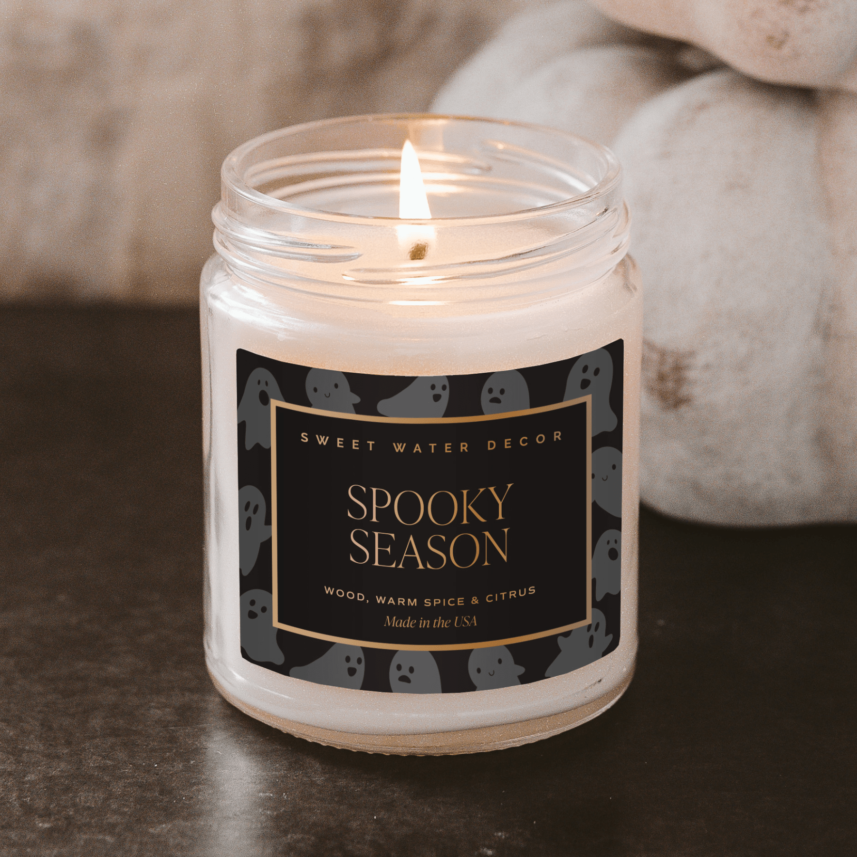 Spooky Season Soy Candle - Patterned 9 oz - Clear Jar (Cozy Season) - Sweet Water Decor - Candles