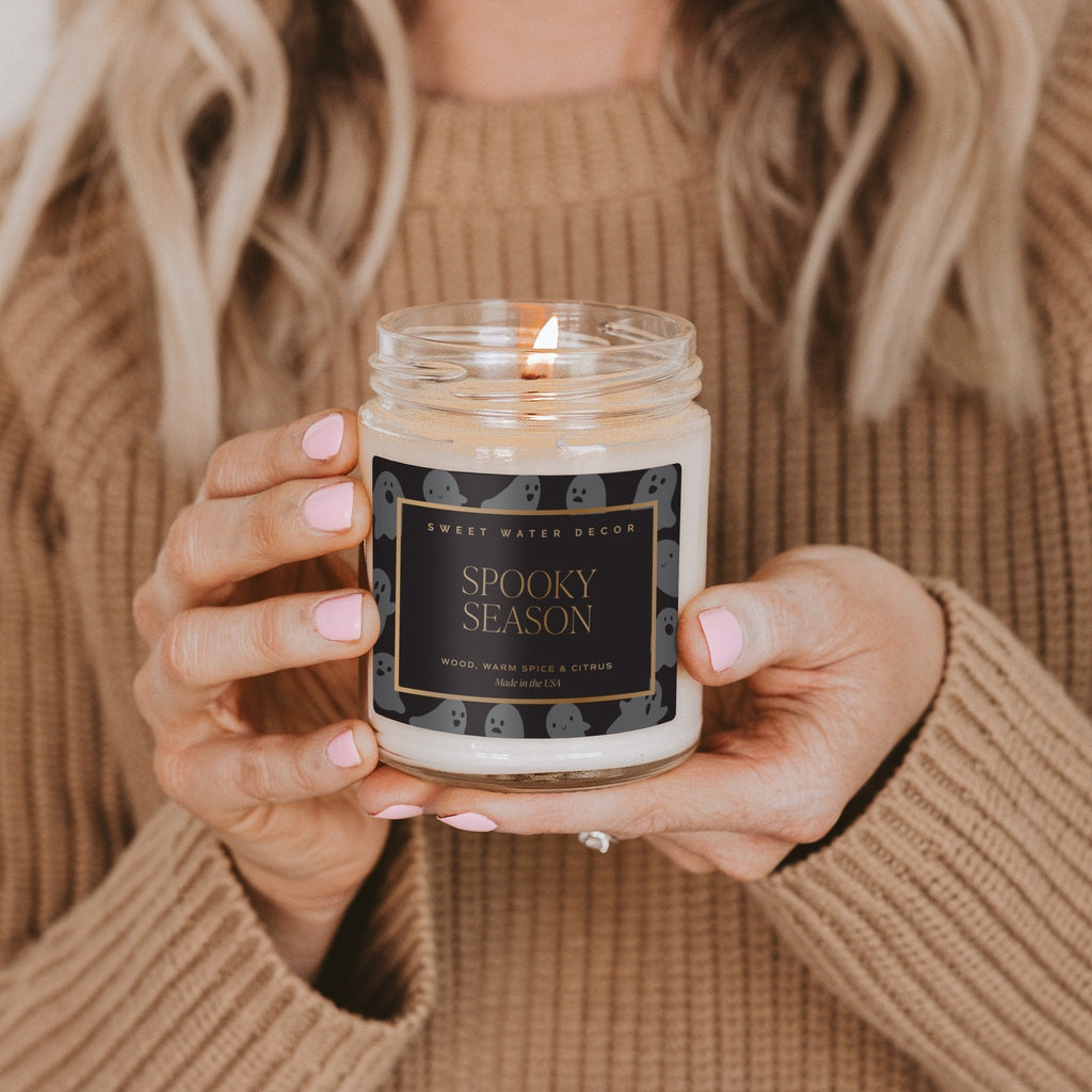 Spooky Season Soy Candle - Patterned 9 oz - Clear Jar (Cozy Season) - Sweet Water Decor - Candles
