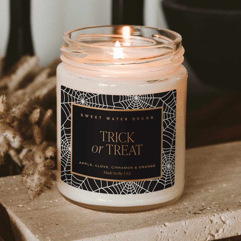 Trick or Treat Soy Candle - Patterned 9 oz - Clear Jar (Farmhouse) - Sweet Water Decor - Candles