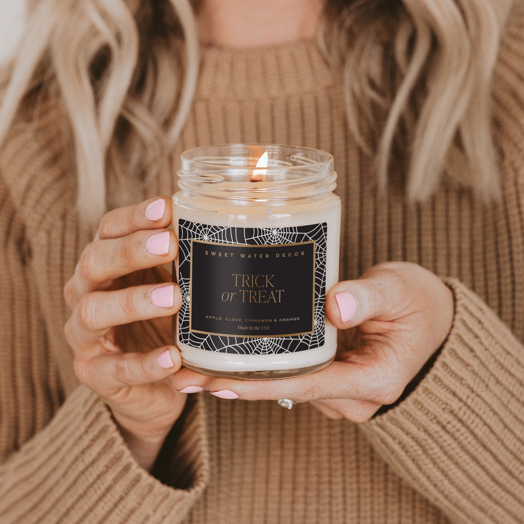 Trick or Treat Soy Candle - Patterned 9 oz - Clear Jar (Farmhouse) - Sweet Water Decor - Candles
