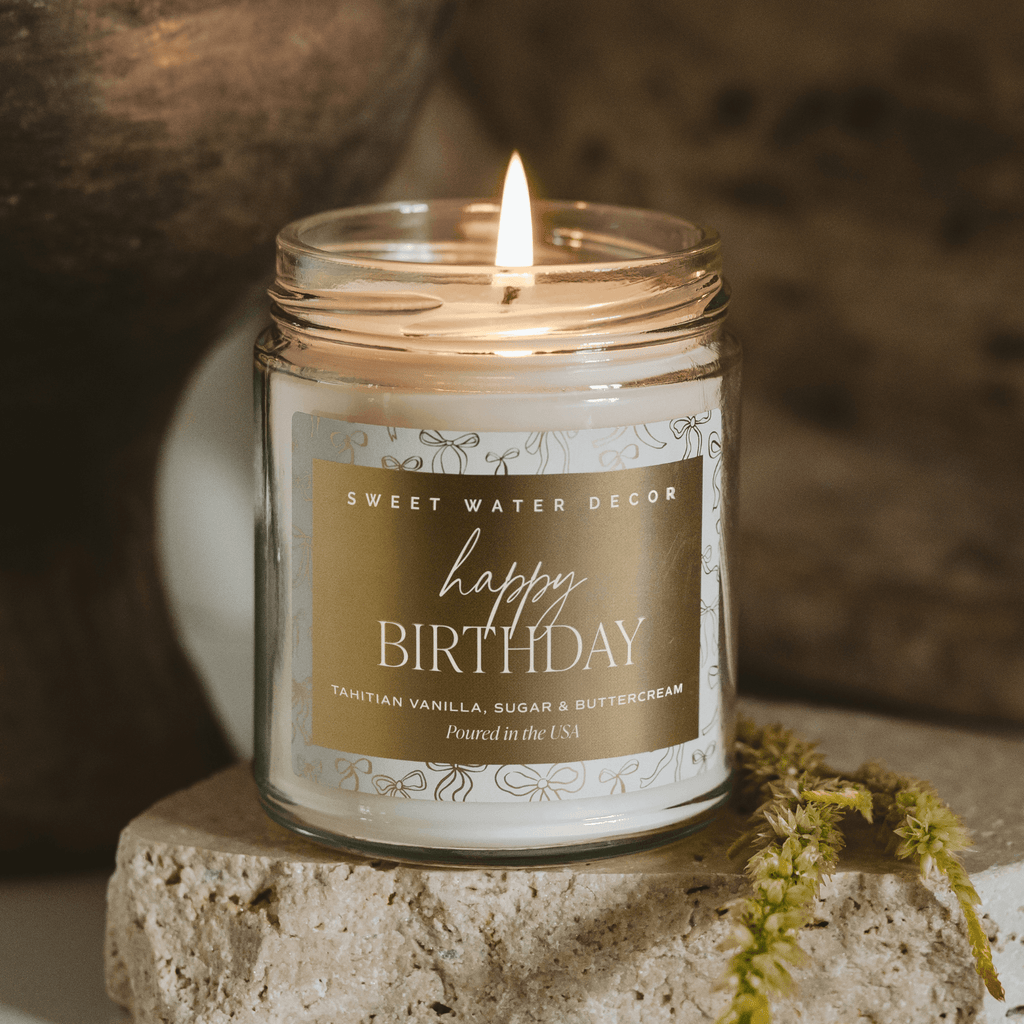 Happy Birthday Soy Candle - Clear Patterned Jar - 9 oz - Sweet Water Decor - Candles