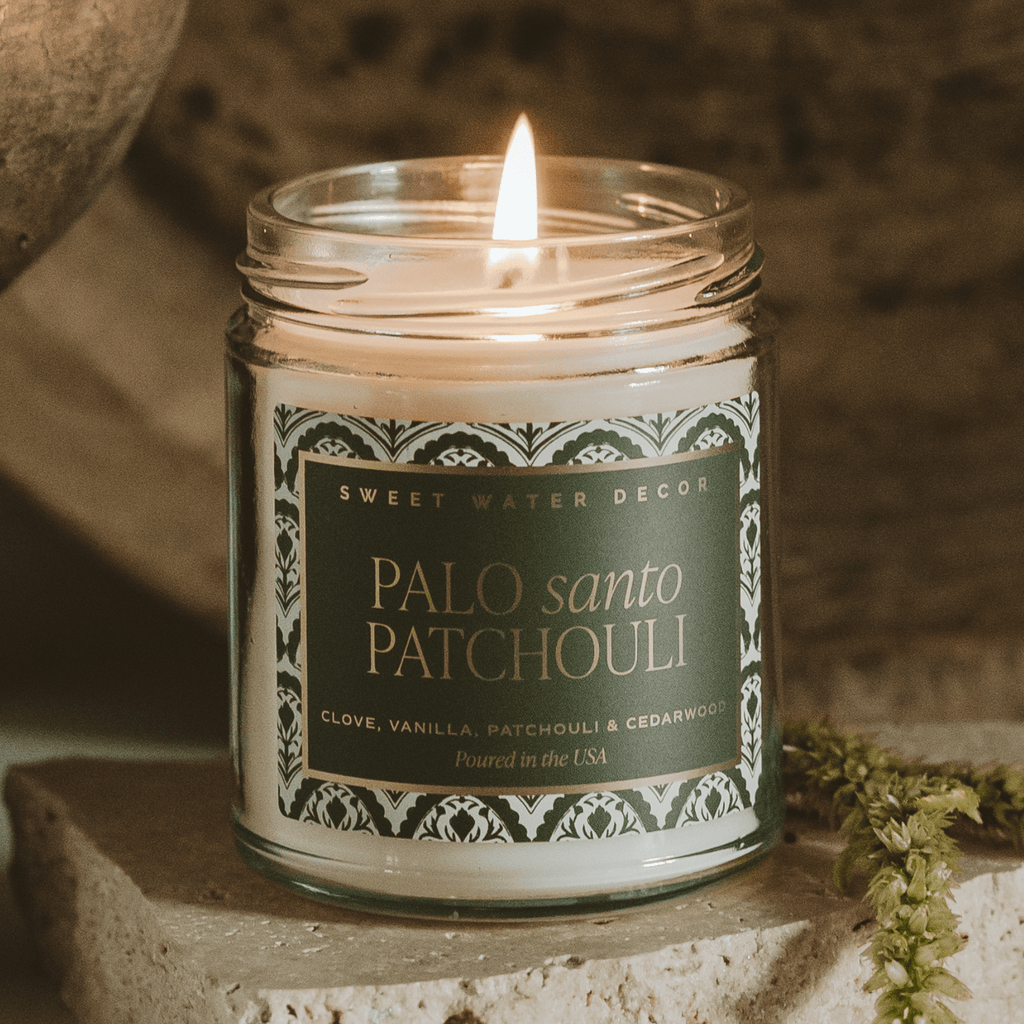 Palo Santo Patchouli Soy Candle - Clear Patterned Jar - 9 oz - Sweet Water Decor - Candles