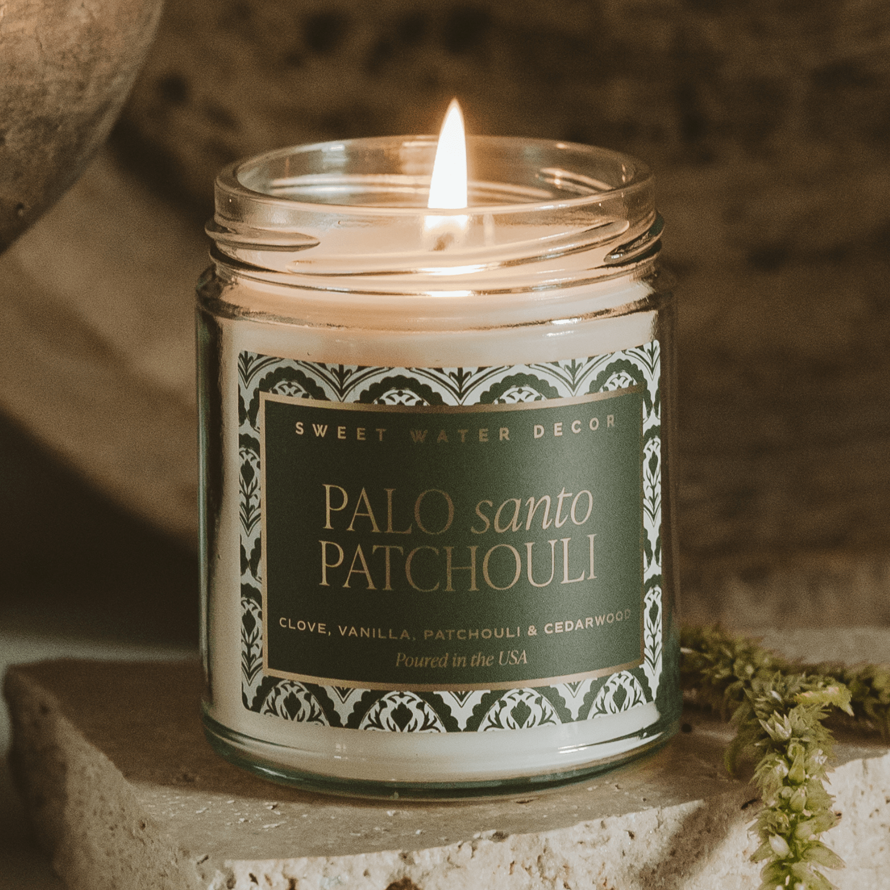 Palo Santo Patchouli Soy Candle - Clear Patterned Jar - 9 oz - Sweet Water Decor - Candles