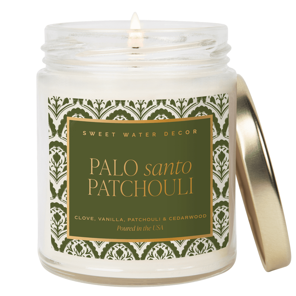 Palo Santo Patchouli Soy Candle - Clear Patterned Jar - 9 oz - Sweet Water Decor - Candles