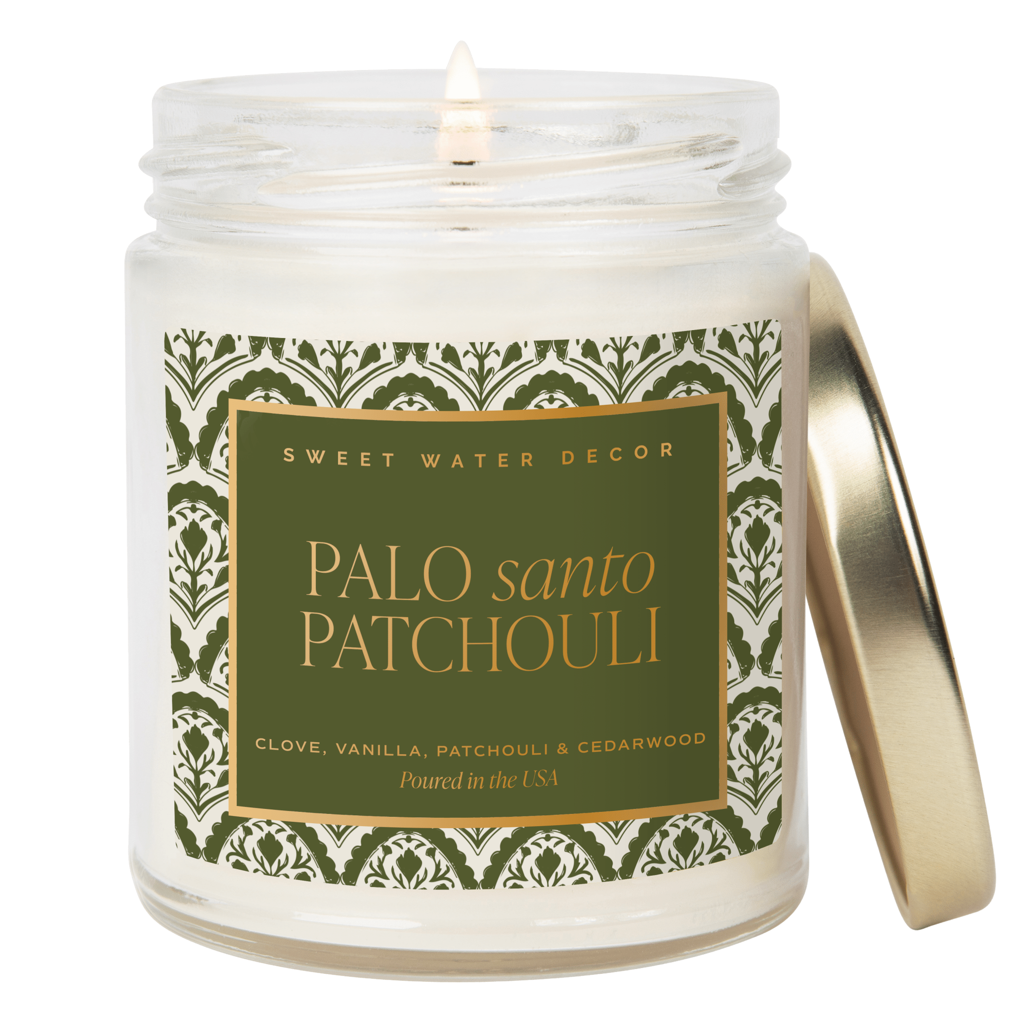 Palo Santo Patchouli Soy Candle - Clear Patterned Jar - 9 oz - Sweet Water Decor - Candles