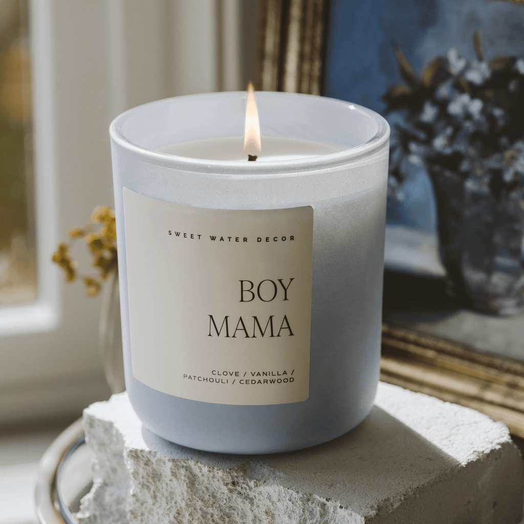 Boy Mama Soy Candle - Blue Matte Jar - 15 oz (Palo Santo Patchouli) - Sweet Water Decor - Candles