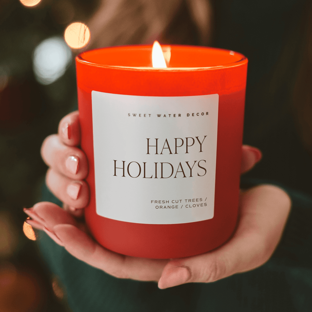 Happy Holidays Soy Candle - Red Matte Jar - 15 oz (Christmas) - Sweet Water Decor - Candles