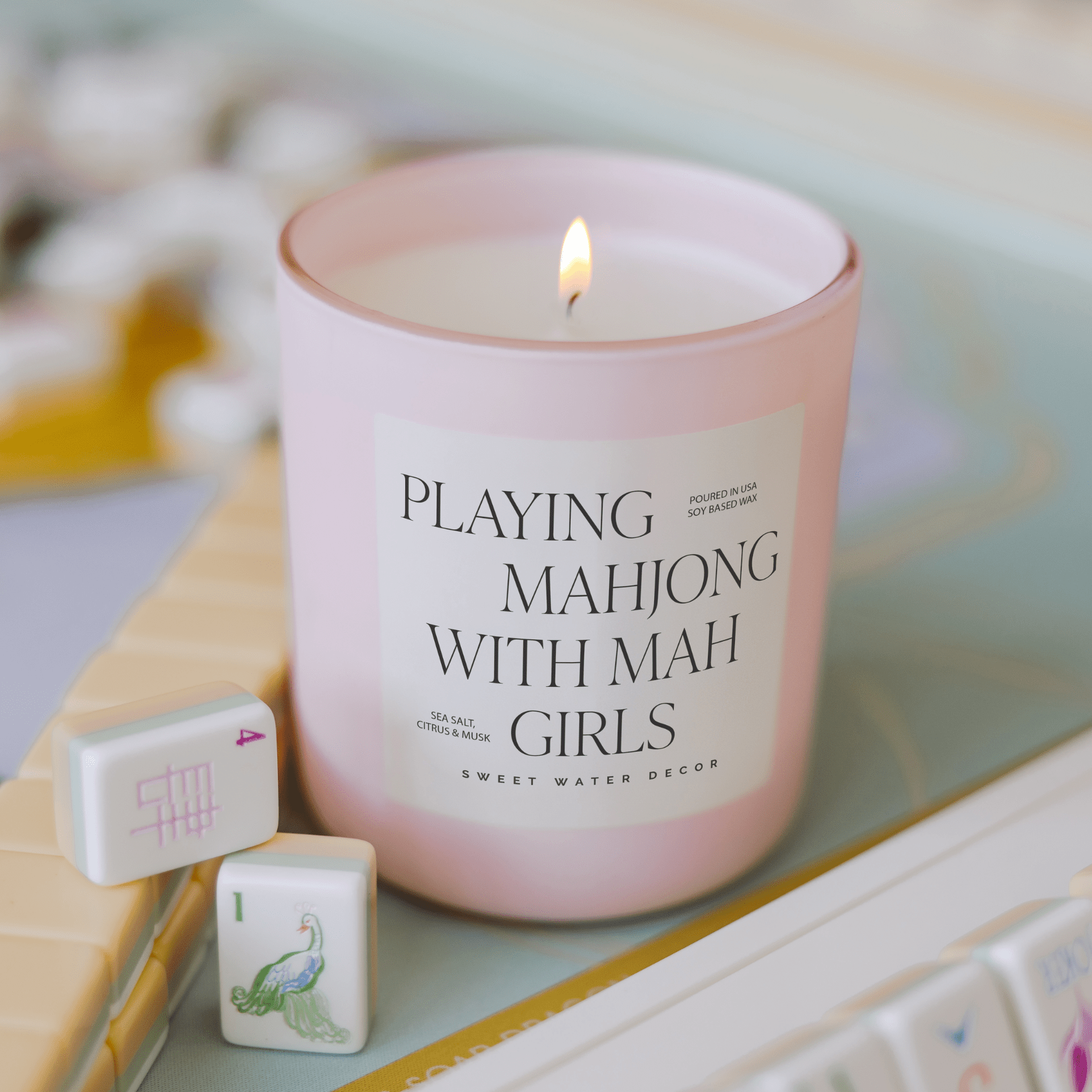 Playing Mahjong with Mah Girls Soy Candle - Pink Matte Jar - 15 oz (Salt and Sea) - Sweet Water Decor - Candles