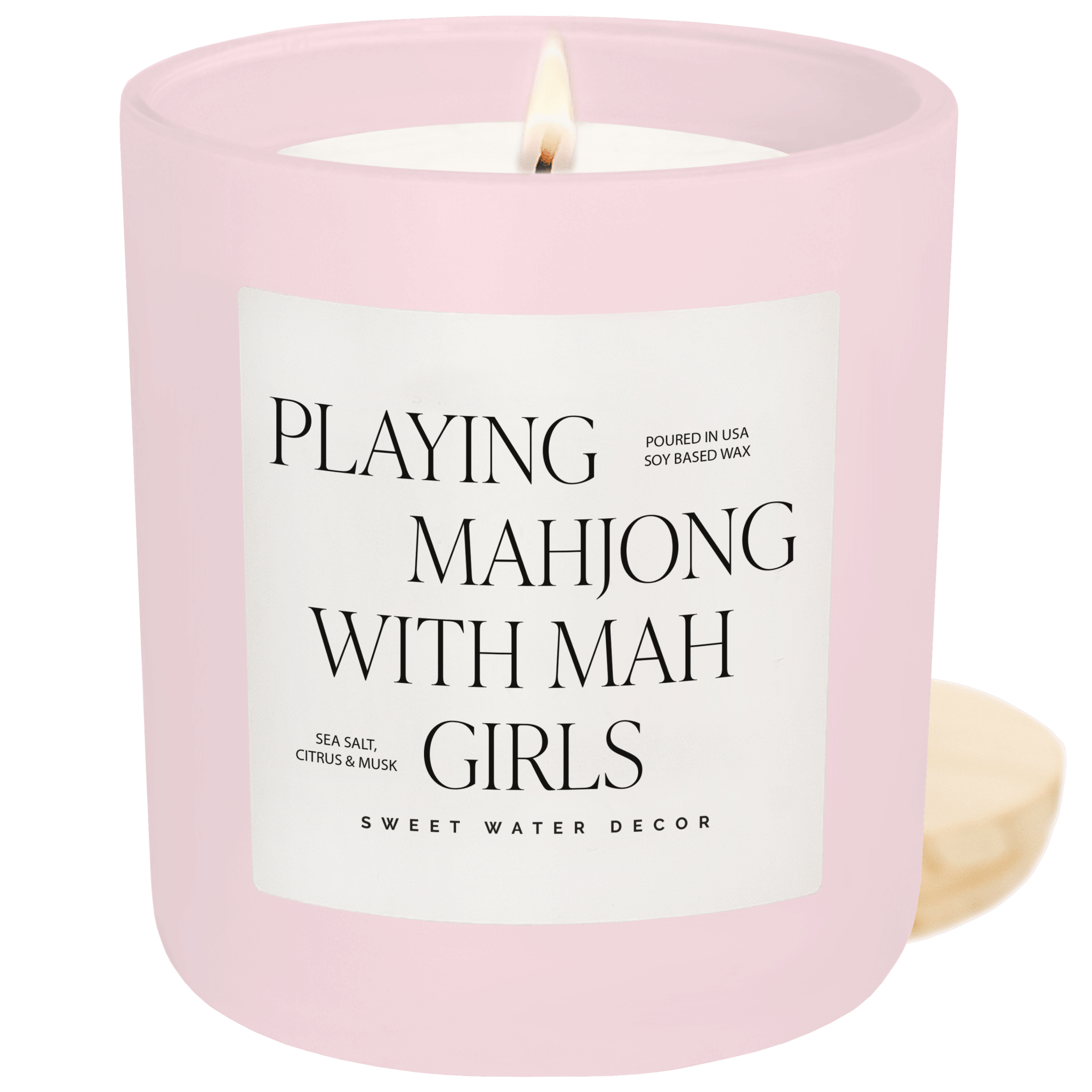 Playing Mahjong with Mah Girls Soy Candle - Pink Matte Jar - 15 oz (Salt and Sea) - Sweet Water Decor - Candles