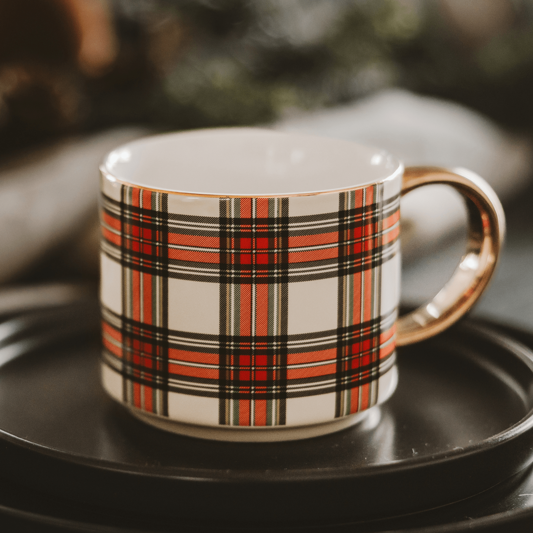 White Plaid 14oz. Gold Handle Coffee Mug - Sweet Water Decor - Coffee Mugs