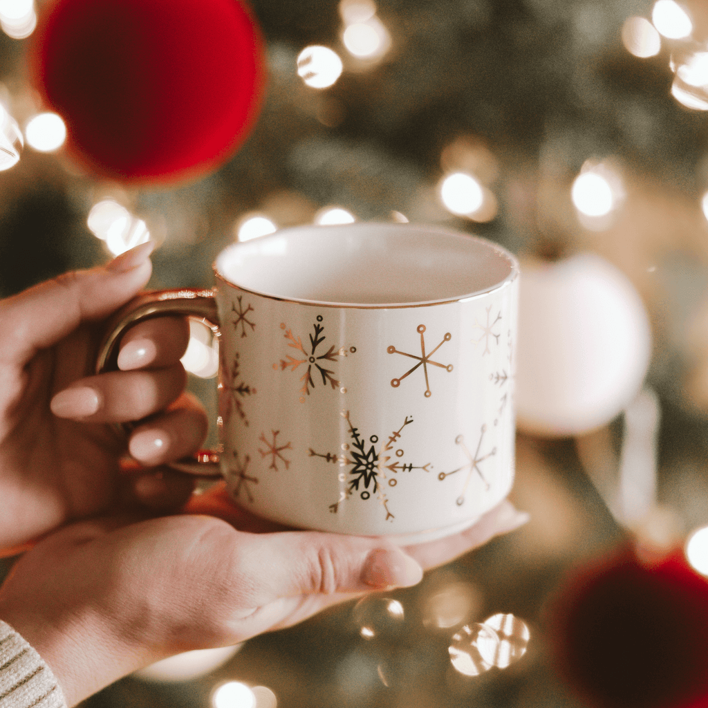 Gold Snowflakes 14oz. Gold Handle Coffee Mug - Sweet Water Decor - Coffee Mugs