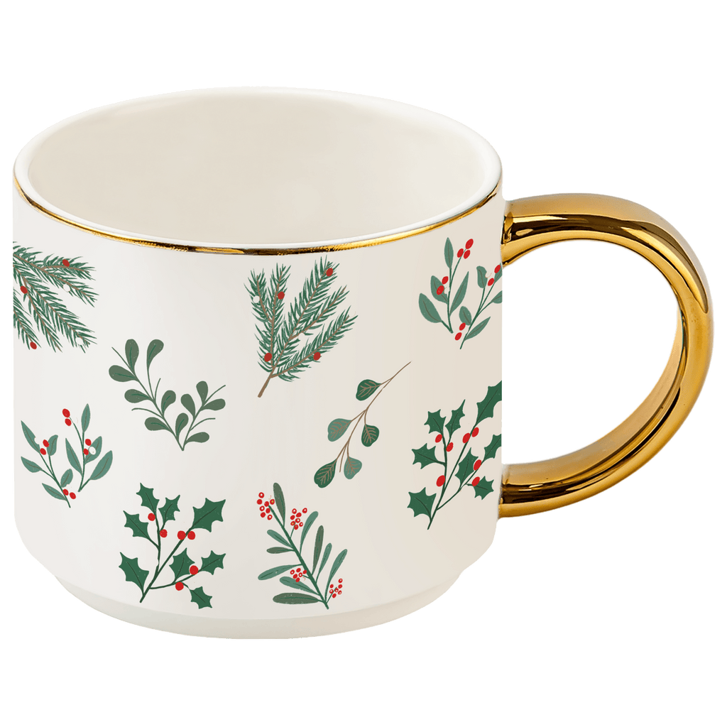 Holiday Greenery 14 oz Gold Handle Coffee Mug - Sweet Water Decor - Coffee Mugs