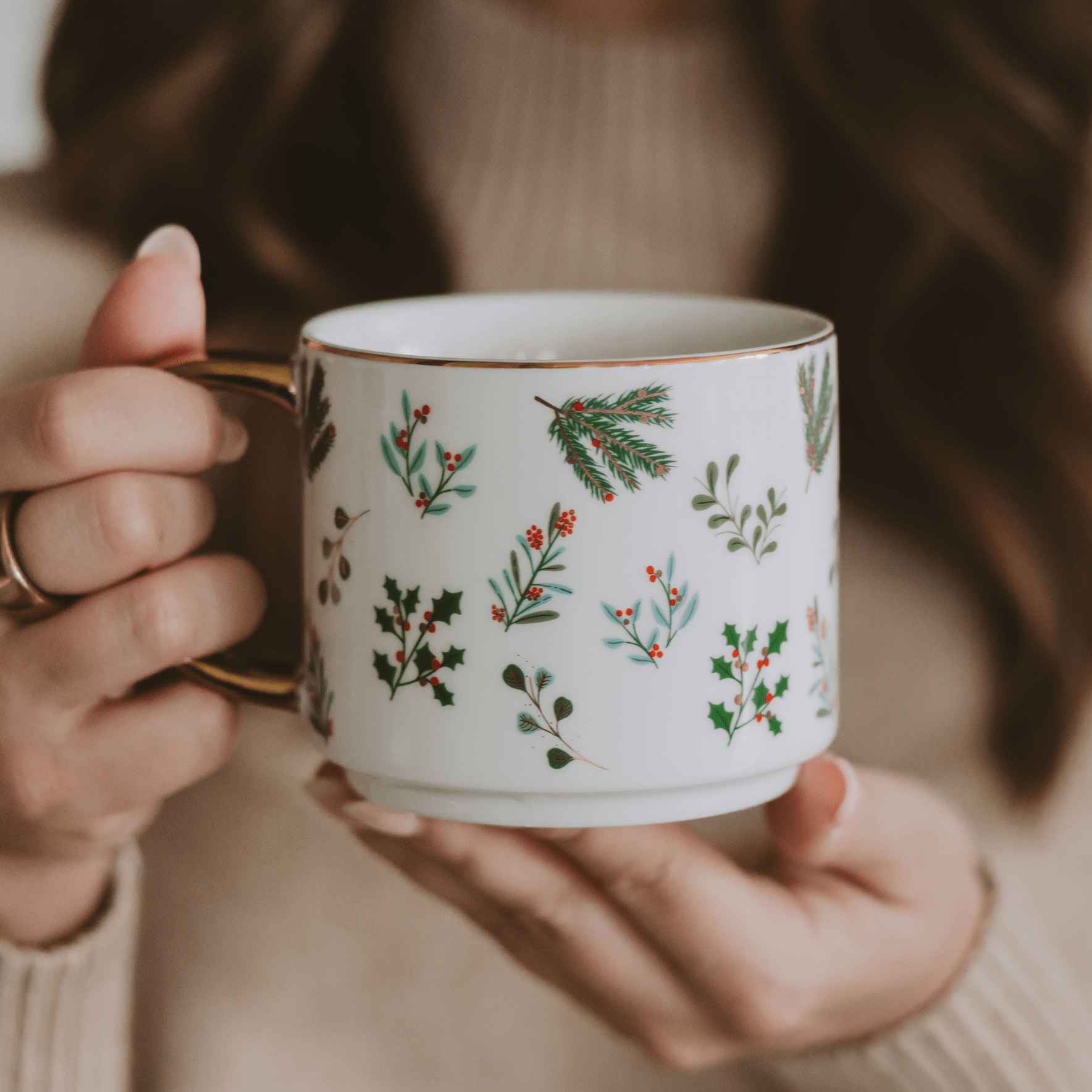 Holiday Greenery 14oz. Gold Handle Coffee Mug - Sweet Water Decor - Coffee Mugs