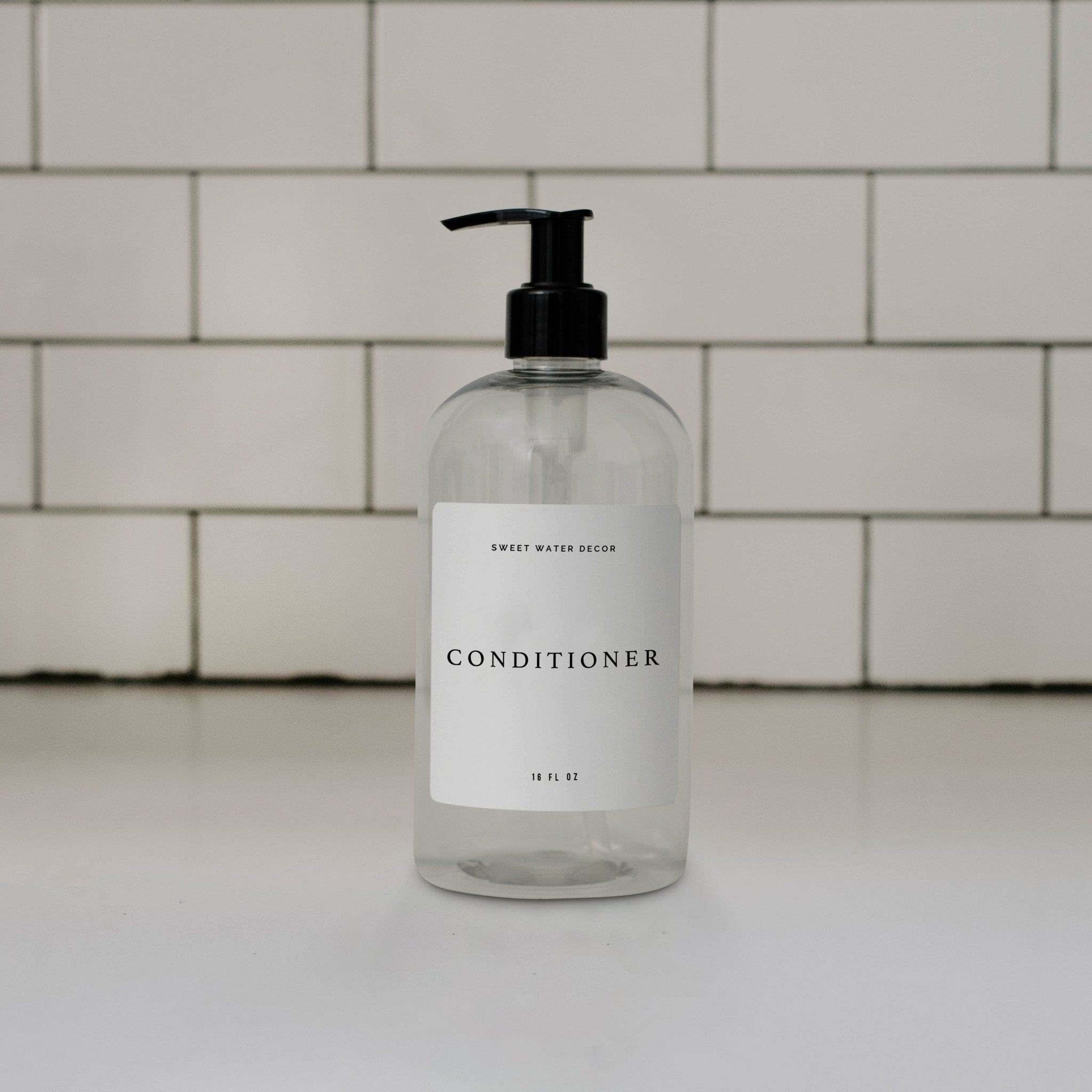 16oz Clear Plastic Conditioner Dispenser - White Text Label - Sweet Water Decor - Dispensers