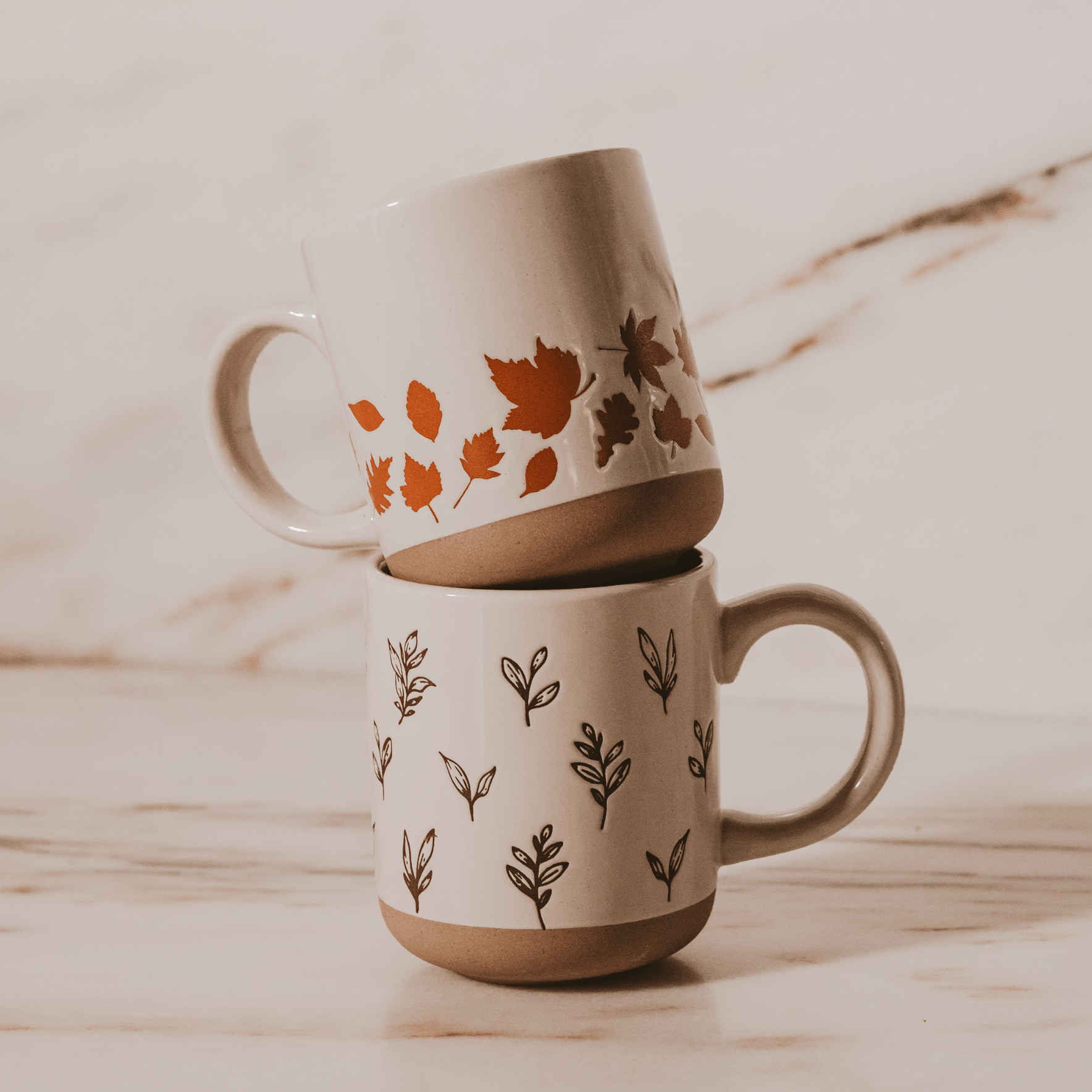 Orange Leaves 14oz. Cream Stoneware Coffee Mug - Sweet Water Decor - Coffee Mugs