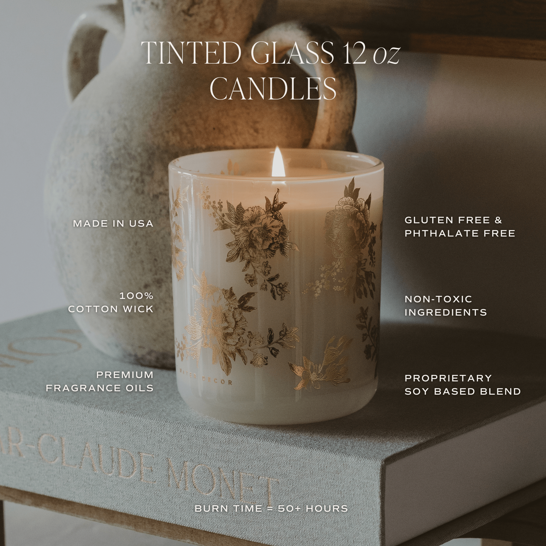 Gold Delft Soy Candle - White Translucent Tinted Glass Jar - 12 oz (Fresh Apple Blossom) - Sweet Water Decor - Candles