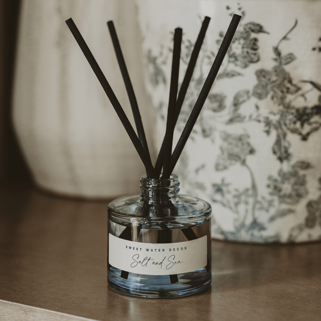 Salt and Sea Blue Tinted Glass Jar Reed Diffuser - Sweet Water Decor - Reed Diffusers