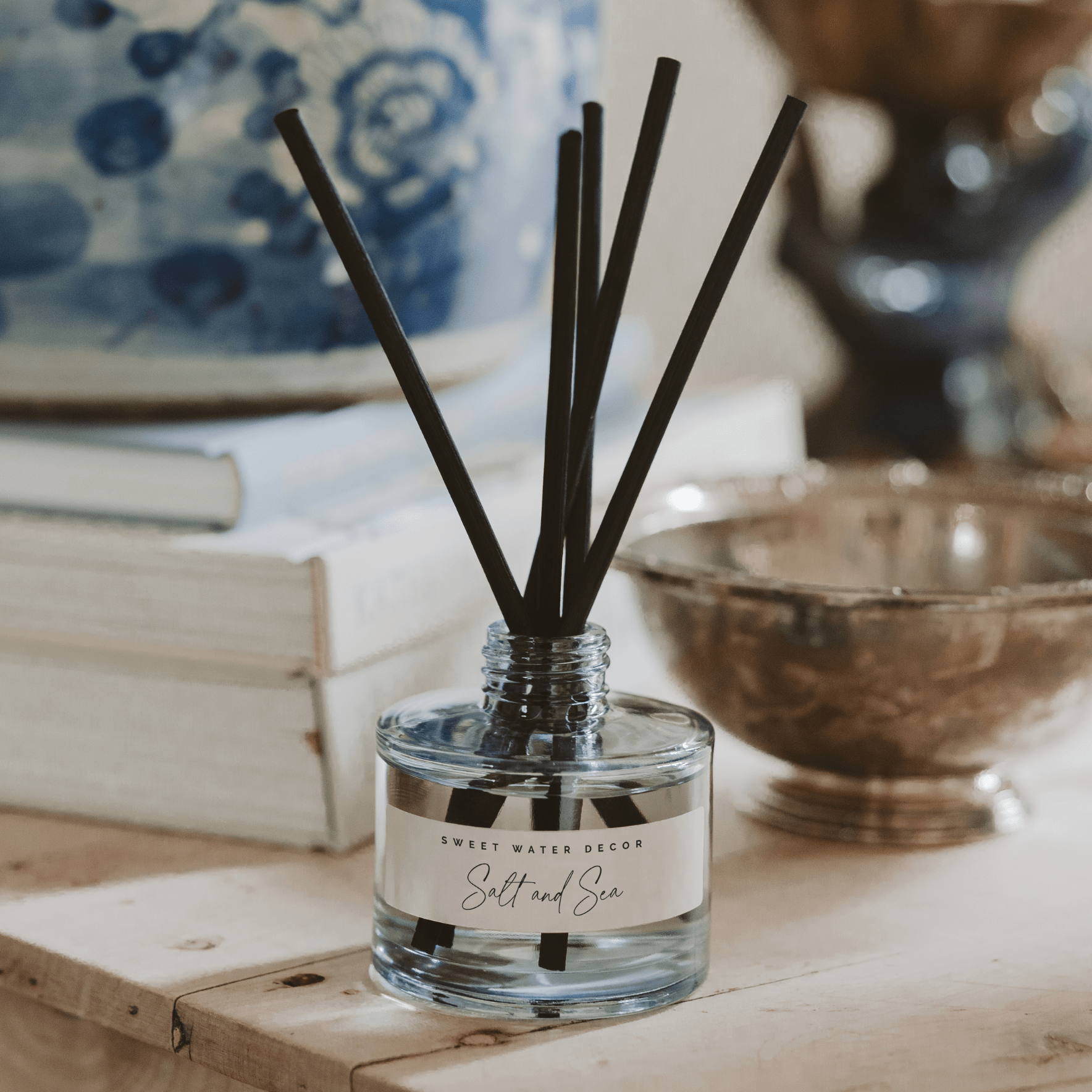 Salt and Sea Blue Tinted Glass Jar Reed Diffuser - Sweet Water Decor - Reed Diffusers