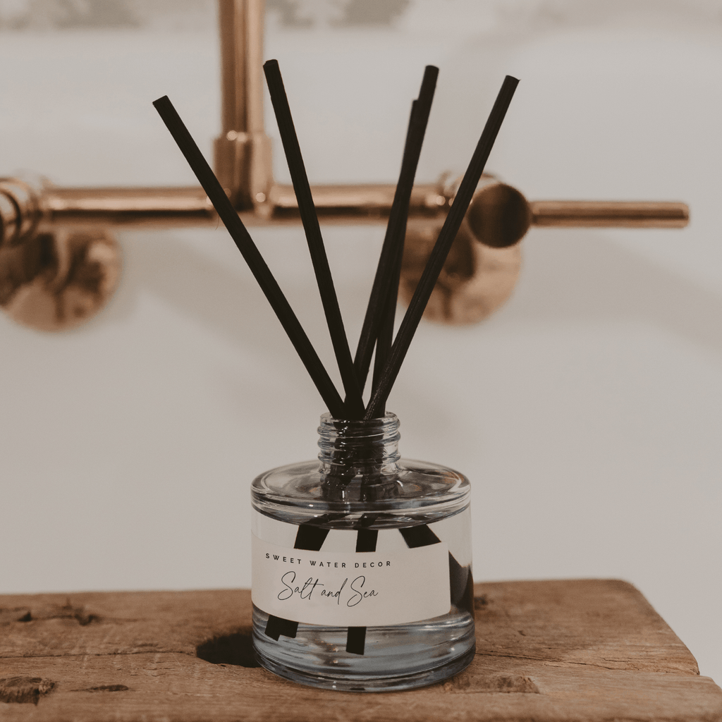 Salt and Sea Blue Tinted Glass Jar Reed Diffuser - Sweet Water Decor - Reed Diffusers