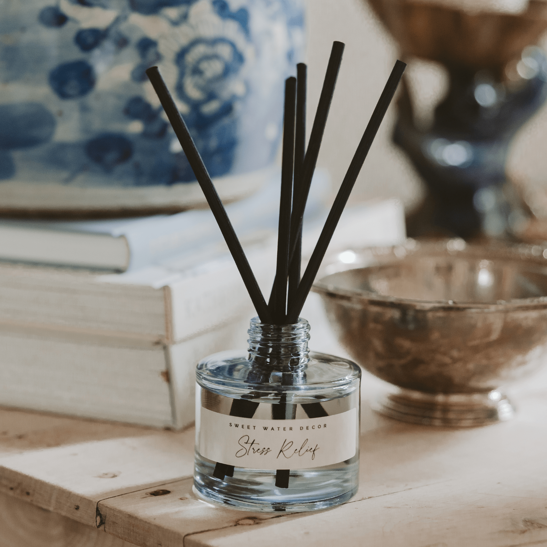 Stress Relief Blue Tinted Glass Jar Reed Diffuser - Sweet Water Decor - Reed Diffusers