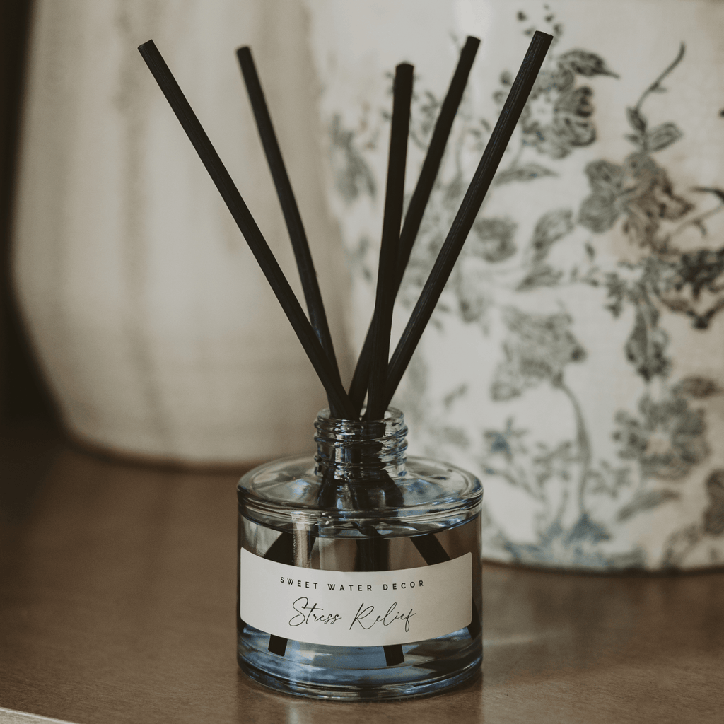 Stress Relief Blue Tinted Glass Jar Reed Diffuser - Sweet Water Decor - Reed Diffusers