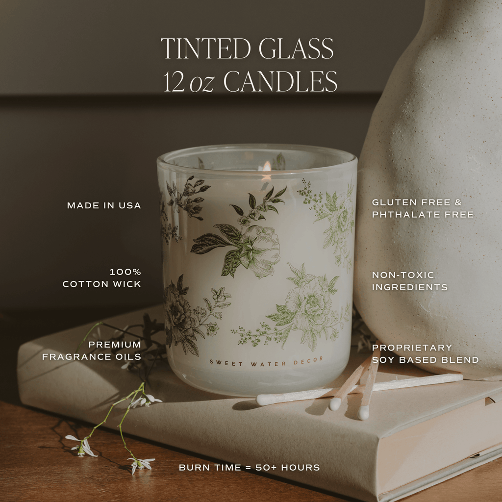 Green Delft Soy Candle - White Translucent Tinted Glass Jar - 12 oz (Lavender and Sage) - Sweet Water Decor - Candles