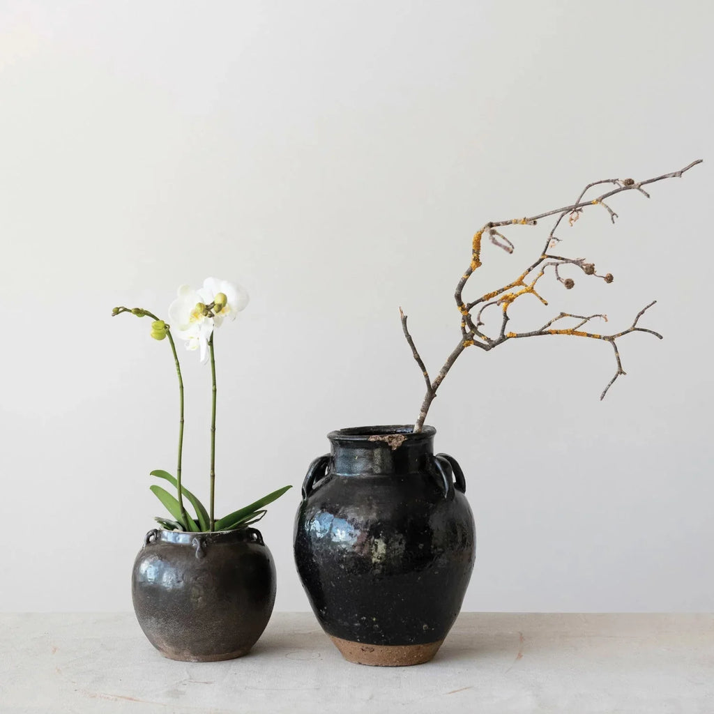 Found Black Clay Jar with Handles - Sweet Water Decor - vase